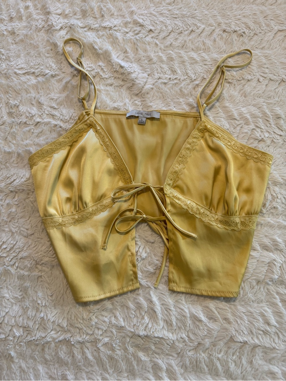 LOVE TREE Yellow Satin Lace Trim Tie-Front Cami Crop Top L y2k inspired